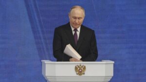 Russian President Vladimir Putin delivers his annual address to the Federal Assembly at the Gostiny Dvor conference center in Moscow, Russia, 29 February 2024. About 1,200 people, including lawmakers of Russia’s two-chamber parliament, Government members, heads of the Constitutional and Supreme court, and regional governors, were invited to attend the event. Fot. PAP/EPA/SERGEI ILNITSKY