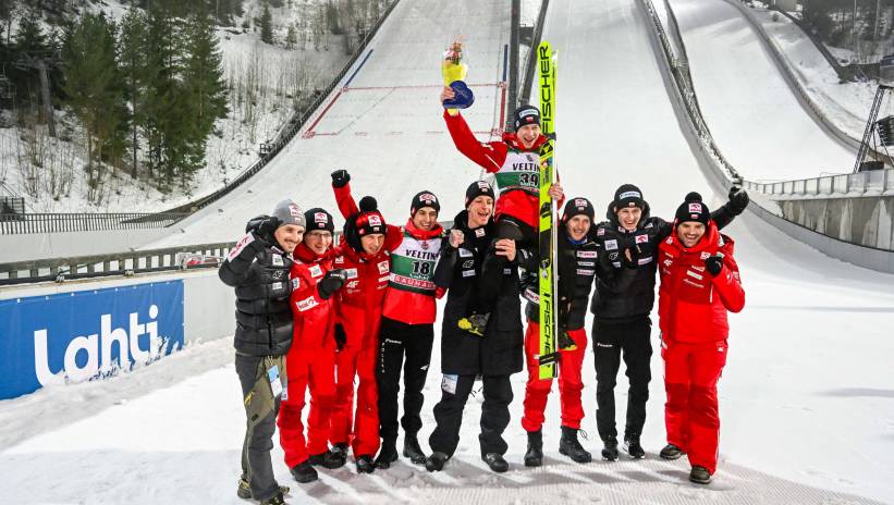 Team Poland celebrate in the finish area after the Men's Individual HS130 competition at the FIS Ski Jumping World Cup event in Lahti, Finland, 03 March 2024. Fot. PAP/EPA/KIMMO BRANDT