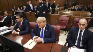 Former US President and current Republican presidential candidate Donald Trump awaits the start of proceedings at Manhattan Criminal Court in New York, New York, USA, 22 April 2024. Trump is facing 34 felony counts of falsifying business records related to payments made to adult film star Stormy Daniels during his 2016 presidential campaign. Fot. PAP/EPA/YUKI IWAMURA / POOL