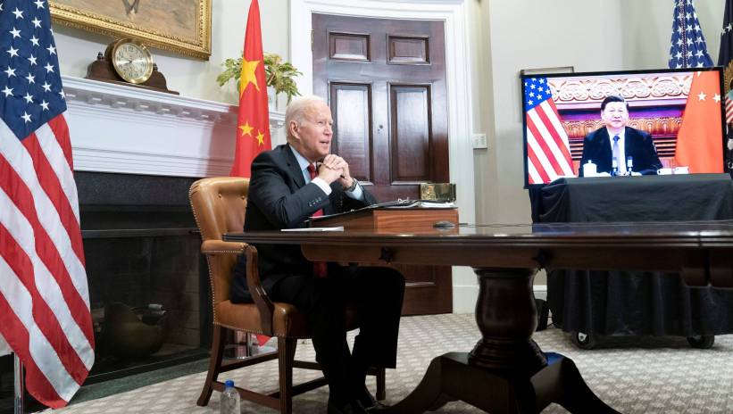US President Joe Biden speaks during a virtual summit with Chinese President Xi Jinping in the Roosevelt Room of the White House in Washington DC, USA, 15 November 2021. Fot. PAP/EPA/SARAH SILBIGER / POOL