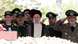 Iranian President Ebrahim Raisi (C), flanked by Iranian IRGC and Army generals, arrives during the annual Army Day celebration at a military base in Tehran, Iran, 17 April 2024. According to Iranian state media, Raisi described the recent attack launched towards Israel as 'limited' and 'punitive', adding that any act of aggression against Iran will be dealt with a 'powerful and fierce' response. Iran's Islamic Revolutionary Guards Corps (IRGC) launched drones and rockets towards Israel late on 13 April. Fot. PAP/EPA/ABEDIN TAHERKENAREH