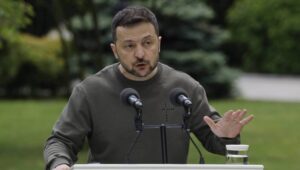 Ukrainian President Volodymyr Zelensky speaks during a joint press conference with Slovak President Zuzana Caputova (not pictured) in Kyiv, Ukraine, 10 May 2024. Zuzana Caputova arrived in Kyiv to meet with top Ukrainian officials amid the ongoing Russian invasion. Fot. PAP/EPA/SERGEY DOLZHENKO