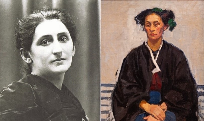 Broncia Koller (zdjęcie); po prawej: Broncia Koller, Autoportret, ok. 1905, olej na płótnie. Reprodukcje Muzeum Dolnego Belwederu Wiedeń