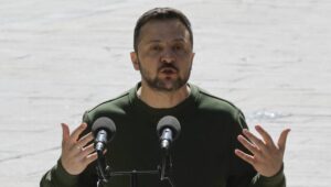 Ukrainian President Volodymyr Zelensky speaks during a joint press conference with President of the European Parliament Roberta Metsola (not pictured) in Kyiv, Ukraine, 09 May 2024. Metsola arrived in Kyiv to meet with top Ukrainian officials amid the ongoing Russian invasion. Fot. PAP/EPA/SERGEY DOLZHENKO