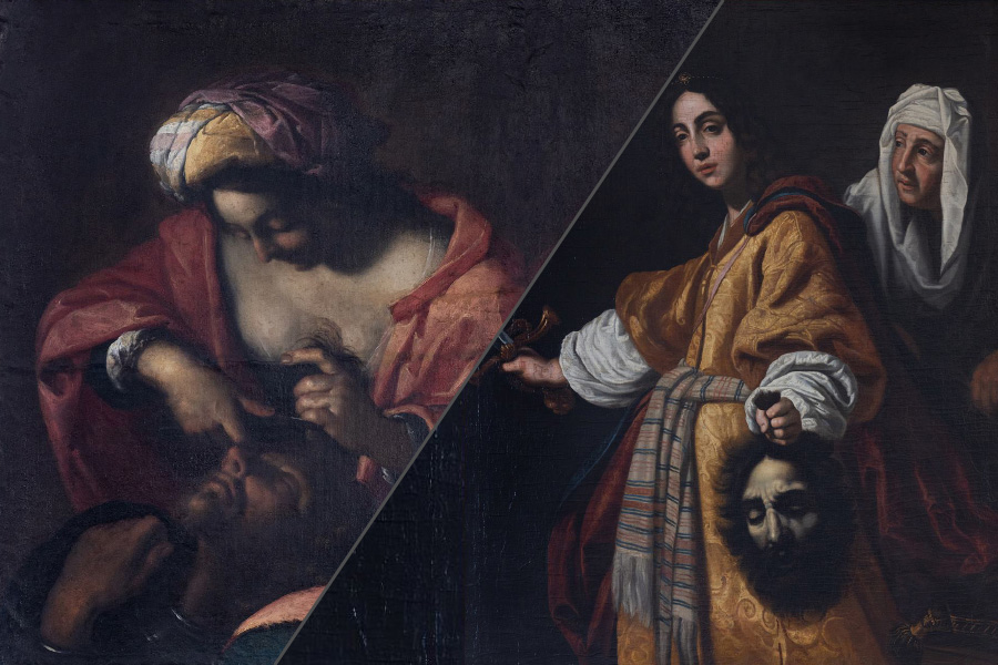 Od lewej: „Samson i Dalila”, Krąg Guercina, Włochy XVII w., Cristofano Alloriego „Judyta z głową Holofernesa”; ok. 1610-21. Reprodukcje Tadeusz Poźniak