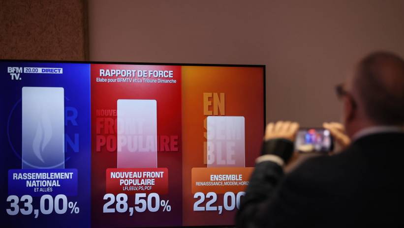 A man takes a pictures for a screen showing the initial results of the first round of legislative elections, in Paris, France, 30 June 2024. Fot. PAP/EPA/MOHAMMED BADRA