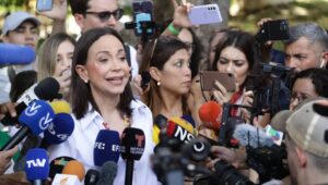 Venezuelan opposition leader Maria Corina Machado makes a statement after voting in presidential election, in Caracas, Venezuela, 28 July 2024. Fot. PAP/EPA/Ronald Pena R