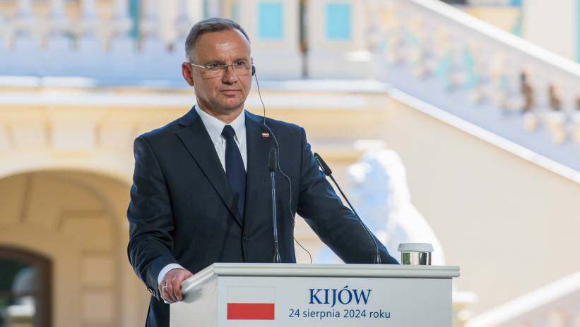 Kijów, Ukraina, 24.08.2024. Prezydent RP Andrzej Duda na konferencji prasowej podczas 33. rocznicy odzyskania przez Ukrainę niepodległości, w Kijowie, 24 bm. Fot. PAP/Vladyslav Musiienko