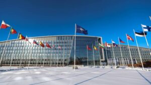 Flags at NATO Headquarters ahead to press conference following NATO Military Chiefs of Defence meeting in Brussels, Belgium, 18 January 2024. NATO's highest Military Authority, the Military Committee, meet in person on 17 and 18 January 2024. 
Fot. PAP/EPA/OLIVIER HOSLET