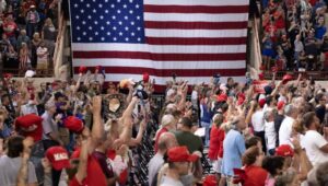 Supporters of former US President Donald J. Trump attend a Trump rally at New Holland Arena in Harrisburg, Pennsylvania, USA, 31 July 2024. This is the first Trump rally in Pennsylvania since the assassination attempt that resulted in TrumpĂ•s injury during a rally on 13 July. Fot. PAP/EPA/MICHAEL REYNOLDS