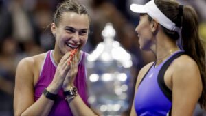 First place winner Aryna Sabalenka (L) of Belarus reacts with runner up Jessica Pegula (R) of the United States during the trophy ceremony following their singles finals match during the US Open Tennis Championships at the USTA Billie Jean King National Tennis Center in Flushing Meadows, New York, USA, 07 September 2024. Fot. PAP/EPA/JOHN G. MABANGLO