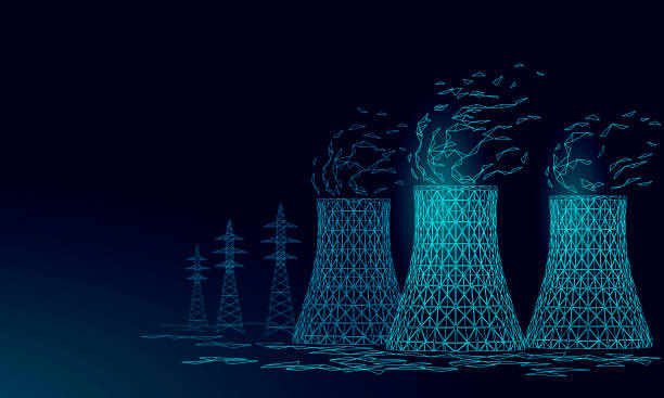 Nuclear power station cooling tower low poly. 3d render ecology pollution save planet environment concept triangle polygonal. Radioactive nuclear reactor electricity vector illustration art