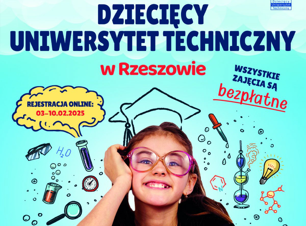 Grafika: Fragment plakatu plakat promującego Dziecięcy Uniwersytet Techniczny