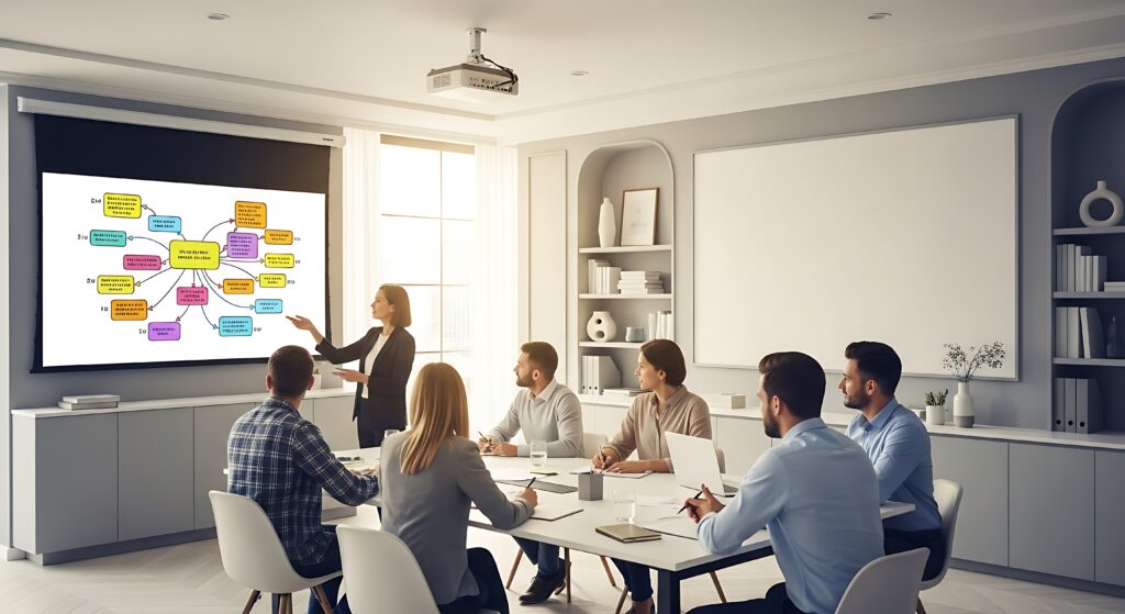 A businesswoman presents a colorful mind map on a large screen to her colleagues during a corporate meeting in a modern office.