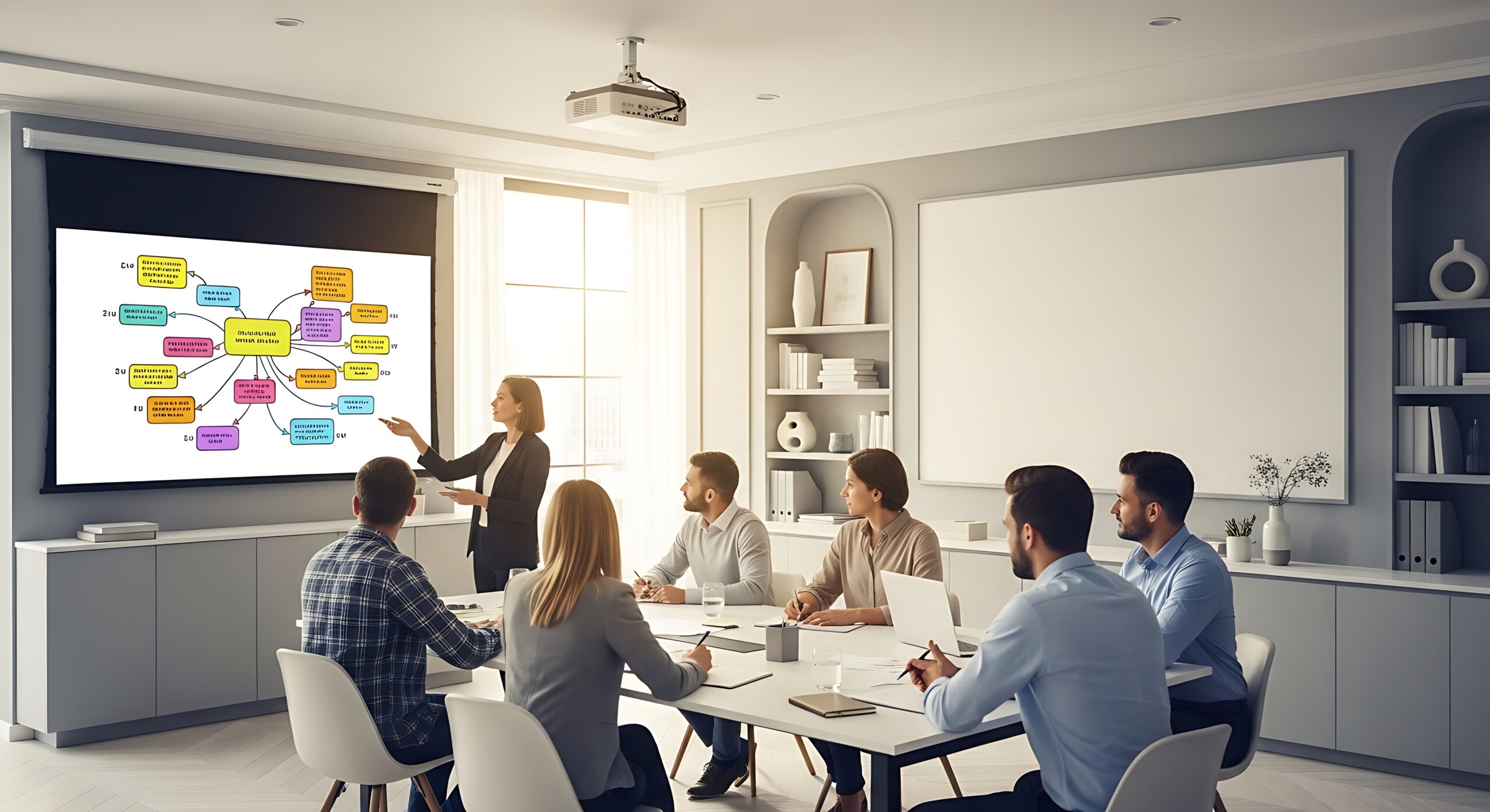A businesswoman presents a colorful mind map on a large screen to her colleagues during a corporate meeting in a modern office.