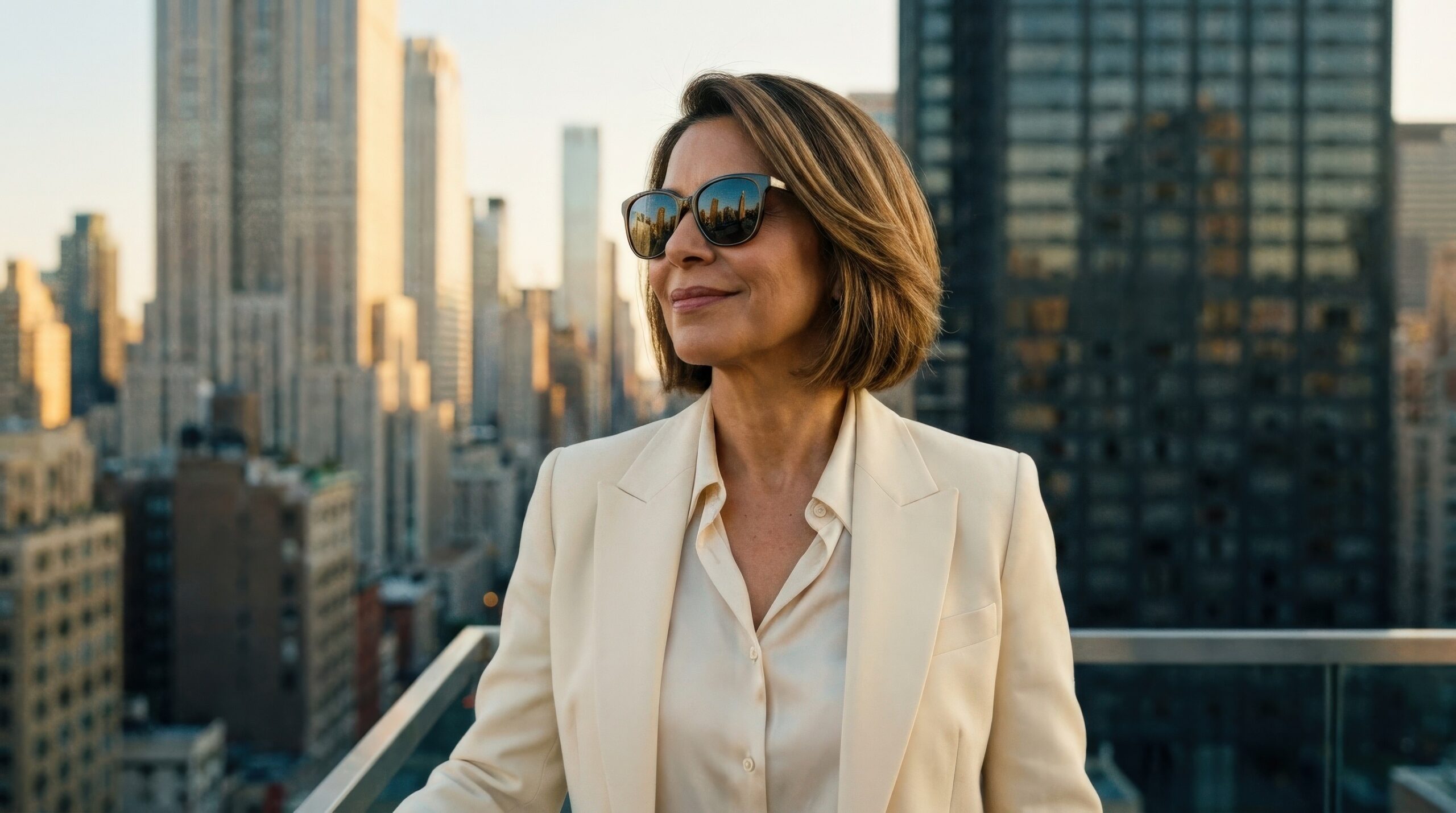 A portrait of a successful Latin businesswoman outdoors in vertical framing, wearing sunglasses with city reflections in the lenses, thoughtful smile and skyscraper background, proud aspirational