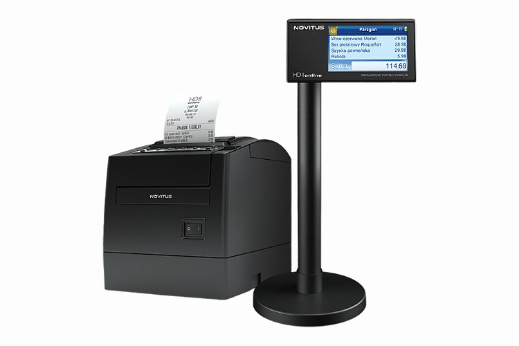 Kolorowy wyświetlacz drukarki rejestrującej Novitus HD II Online może być zintegrowany z&nbspkonstrukcją urządzenia lub stanowić osobny element